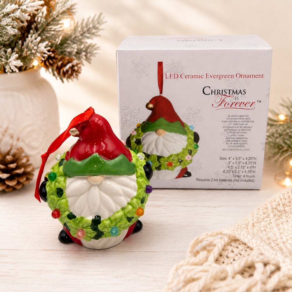 *New* LED Ceramic Christmas Santa Gnome Ornament (Timer/“On”/“Off” Feature)